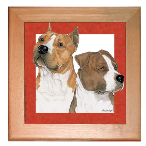 American Staffordshire Terrier Amstaff Dog Kitchen Ceramic Trivet Framed in Pine 8" x 8"