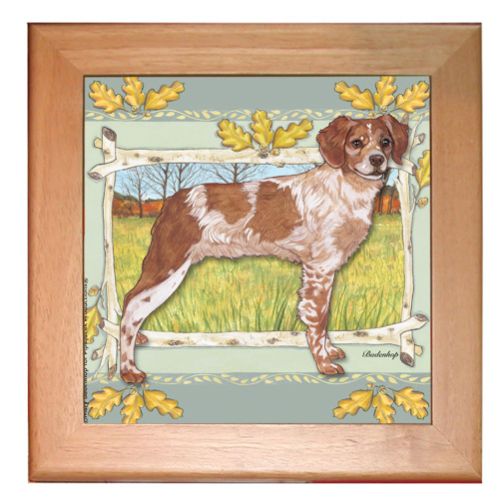 Brittany Spaniel Dog Kitchen Ceramic Trivet Framed in Pine 8" x 8"