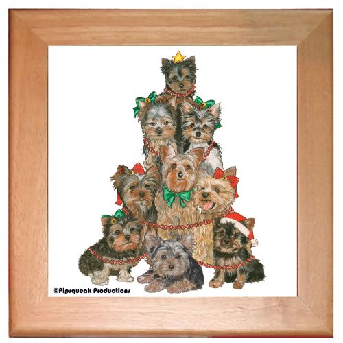 Yorkshire Terrier Yorkie Family Dog Christmas Tree Kitchen Ceramic Trivet Framed In Pine 8" X 8"