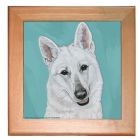 White Shepherd Dog Kitchen Ceramic Trivet Framed in Pine 8" x 8"